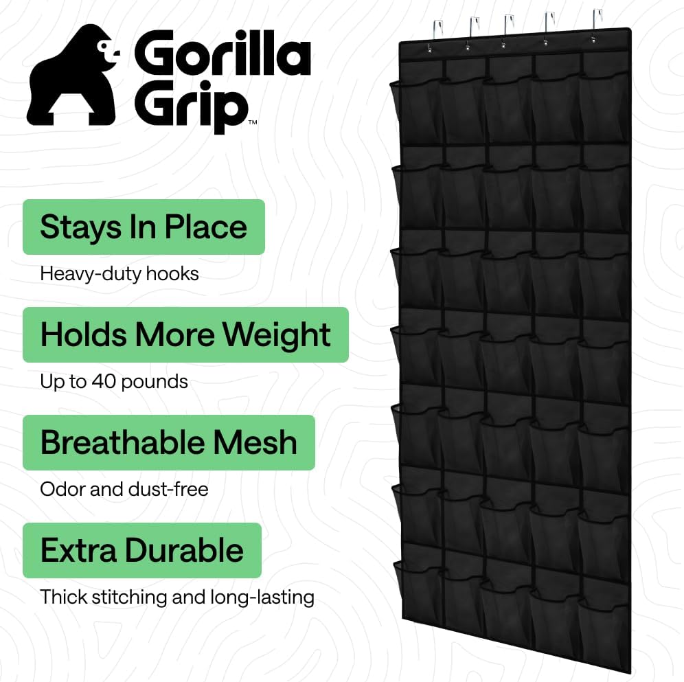 GORILLA GRIP Over the Door Shoe Organizer, 24 Large Breathable Mesh Pockets, Space Saving Hanging Storage Holder, Closet Rack Hanger Holds Up to 40 lbs, Hangs on Closets for Shoes, Accessories, Grey
