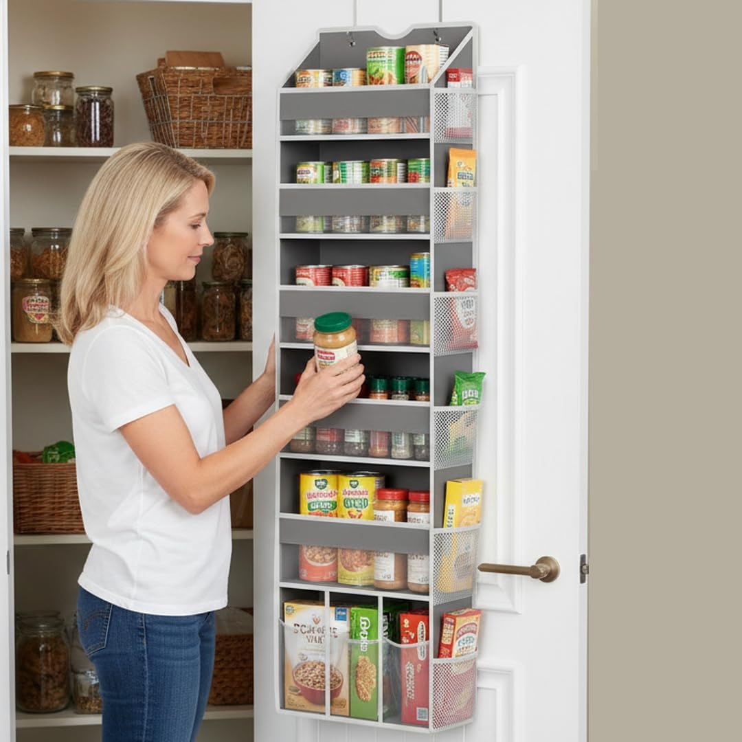 Over the Door Hanging Organizer - Closet Door Organizer and Storage with Large Pockets, Swing-Proof Behind The Door Organizer for Bathroom Nursery (Grey, 1 Pack -Extra Large 6 Tier)