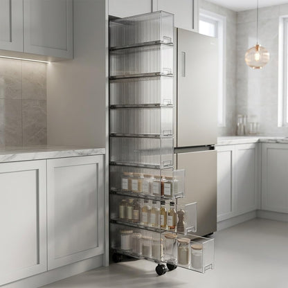 Slim Storage Cabinet with Wheels, Space Saving Narrow Rolling Cart, Thickened PET Transparent Drawer Organizer, Mobile Bathroom for Small Spaces Kitchen Laundry(Clear White,3.9*15.9*16.7in)