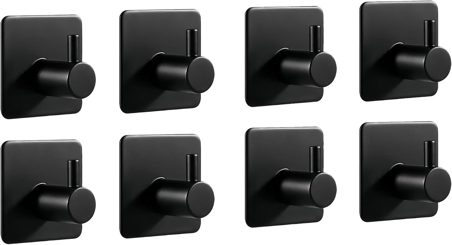 4 Pack Adhesive Hooks for Hanging - 304 Stainless Steel Heavy Duty Wall Hooks, Waterproof & Rustproof Towel Hooks for Bathroom, Self Adhesive Coat Hooks for Kitchen, Closet, Home Organization, Black