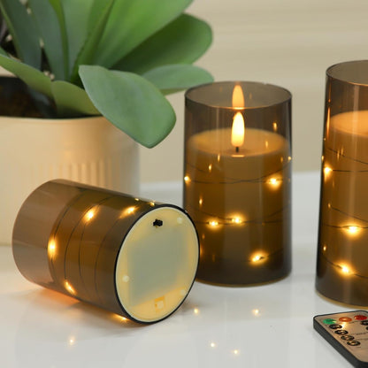 Blue Flameless Candles with Remote, Real Wax Glass Battery Operated Candles with Timer, LED Pillar Candle for Bedroom Home Wedding Birthday Party Fall Halloween Christmas Decorations, Set of 3