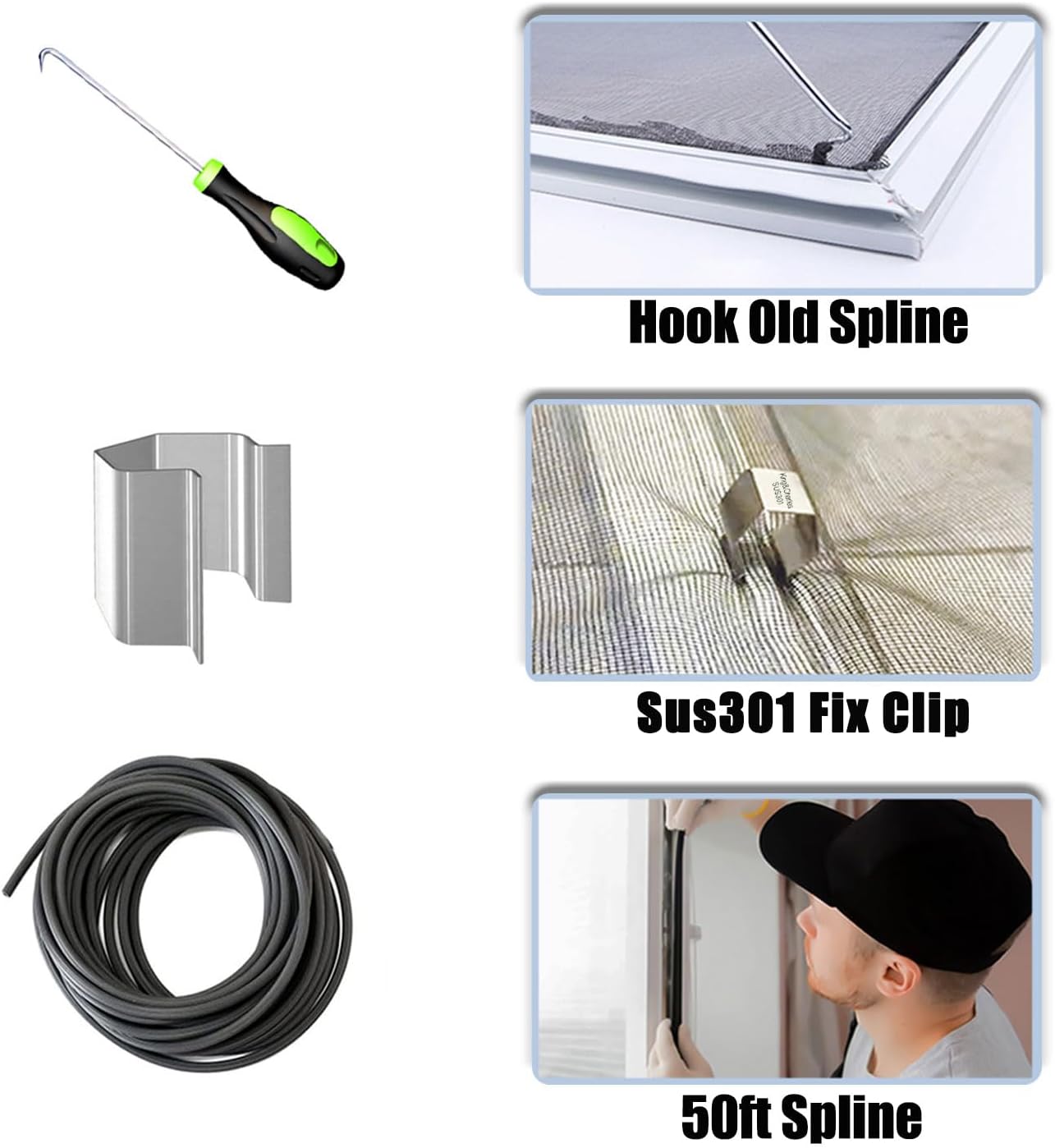 King&Charles Window Screen Door Repair/Replacement Kit, Include Black Screen Mesh 48"x118"+ 2 Roller+50Ft Spline+8Clips+Hook, 6 in 1 Window Mesh Kit, Steel/Nylon Bearing Roller