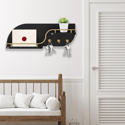 Key Holder for Wall, Decorative Key and Mail Organizer with 6 Sturdy Metal Hooks and Floating Shelf, 14 Inches Wood Wall Mounted Key Rack for Entryway, White and Gold