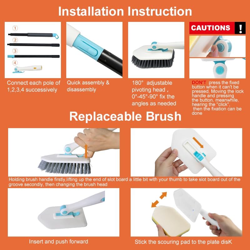 Long Handled Scrub Brush for Shower，3-in-1 Cleaning Brushes with 3 Different Function Cleaning Heads Brush for Shower Cleaning Bathroom Kitchen Walls Tub Tile