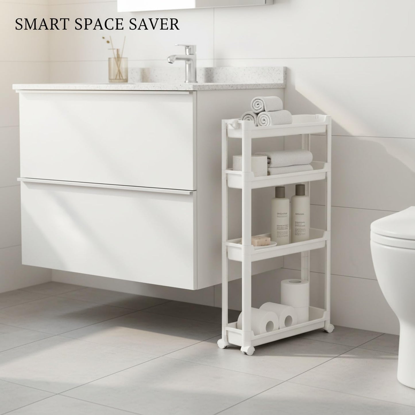 Slim Rolling Storage Cart, White | Plastic Utility Organizer, With Wheels, For Narrow Gaps, Kitchen and Bathroom