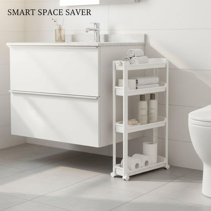 Slim Rolling Storage Cart, White | Plastic Utility Organizer, With Wheels, For Narrow Gaps, Kitchen and Bathroom