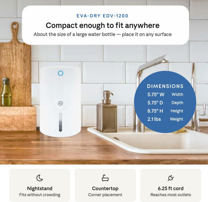Eva-Dry EDV-1200 Mini Electric Dehumidifier – Up to 133 Sq Ft | Quiet Compact Peltier | Bathroom, Bedroom, Closet, RV & Small Spaces | Auto Shut-Off | 22.5W