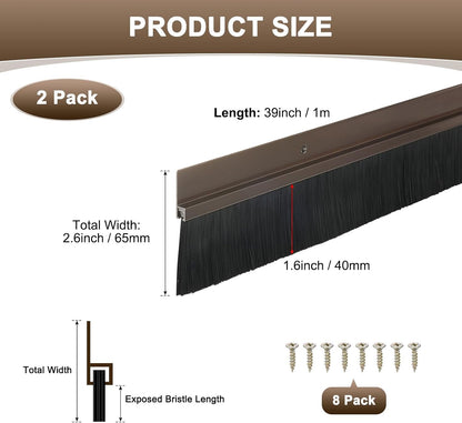 M METERXITY 2Pack Door Sweep - 39" Door Bottom Brush Heavy Duty Seal Draft Stopper Aluminum Base with 50mm Brush, Adhesive/Screw Installation for Interior/Exterior/Garage/Sliding Doors, Black