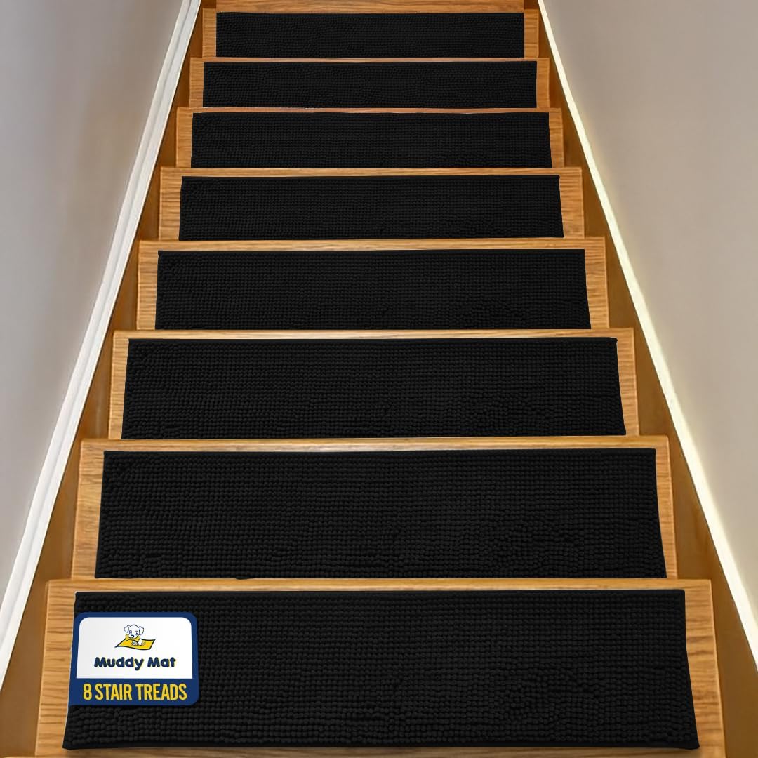 Muddy Mat® Pack of 4 - Soft Chenille Stair Treads Non-Slip Reusable, Super Absorbent Stair Treads for Wooden Steps, Tile & Marble Floor, Easy to Install & Machine Washable - Brown 30'' x 7''