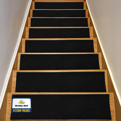 Muddy Mat® Pack of 4 - Soft Chenille Stair Treads Non-Slip Reusable, Super Absorbent Stair Treads for Wooden Steps, Tile & Marble Floor, Easy to Install & Machine Washable - Brown 30'' x 7''