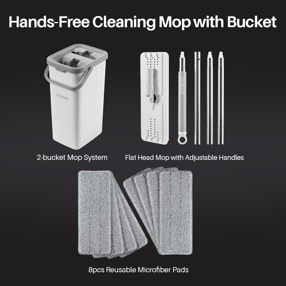 JOYMOOP Mop and Bucket with Wringer Set, Hands Free Flat Floor Mop and Bucket, 60" Mop with 3 Reusable Microfiber Pads, Wet and Dry Use, Floor Cleaning System