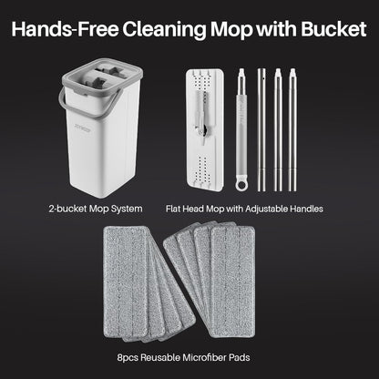 JOYMOOP Mop and Bucket with Wringer Set, Hands Free Flat Floor Mop and Bucket, 60" Mop with 3 Reusable Microfiber Pads, Wet and Dry Use, Floor Cleaning System