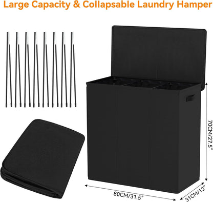 WOWLIVE 180L Laundry Hamper with Lid 3 Section,Large Laundry Basket with Removable Bags and Handles,Collapsible Dirty Clothes Hampers for Laundry,Laundry Basket Organizer for Laundry Room,Dorm,Beige