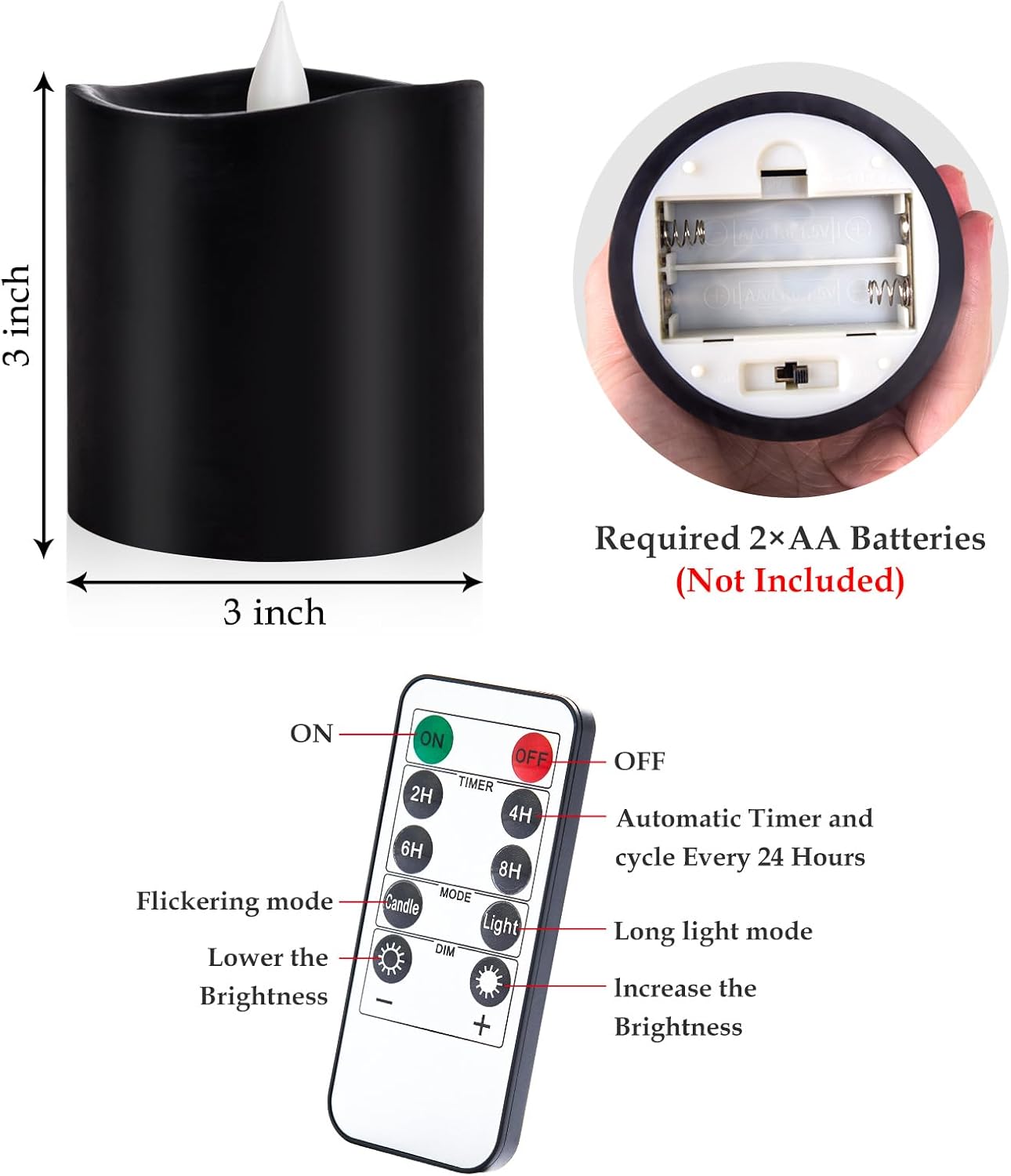 3"x4" Flickering Flameless Battery Candles with Timer, White Realistic LED Pillar Candles, Set of 2 Large Remote-Operated Candles for Home Indoor/Outdoor & Holiday Decor