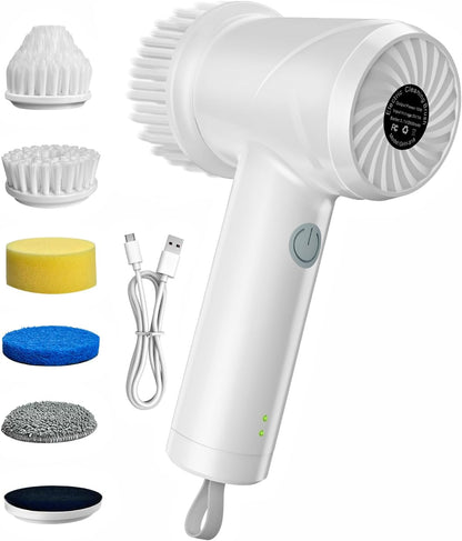 Electric Spin Scrubber with Power LCD Display, Cordless Bathroom Cleaning Brush with Adjustable Extension Handle, 400RPM/Mins, 9 Replaceable Brush Heads, IPX7 Waterproof for Shower, Bathtub, Tile