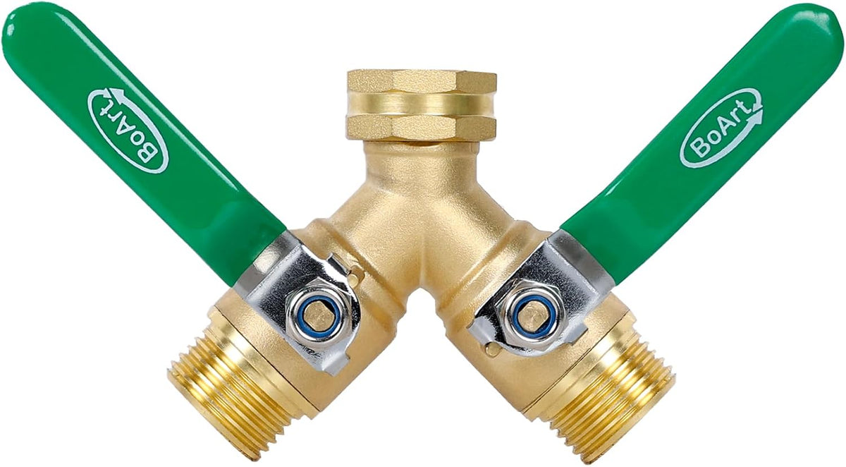 BoArt Brass Garden Hose Splitter 2 Way Heavy Duty, Y Valve Hose Splitter With Stainless Steel Long Handle, 3/4" GHT Thread Y Valve Water Garden Hose Tap Adapter