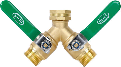 BoArt Brass Garden Hose Splitter 2 Way Heavy Duty, Y Valve Hose Splitter With Stainless Steel Long Handle, 3/4" GHT Thread Y Valve Water Garden Hose Tap Adapter