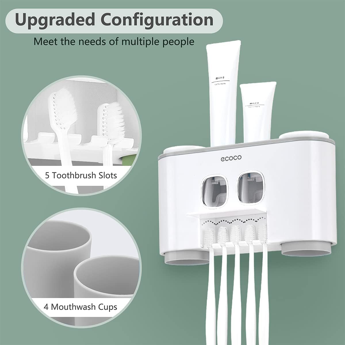 Toothbrush Holders with Toothpaste Dispenser Wall Mounted for Bathroom-4 Cups Automatic Electric Tooth Pastetooth Squeezer-Bathroom Organizer Storage Accessories Set for Kids with 5 Toothbrush Slots