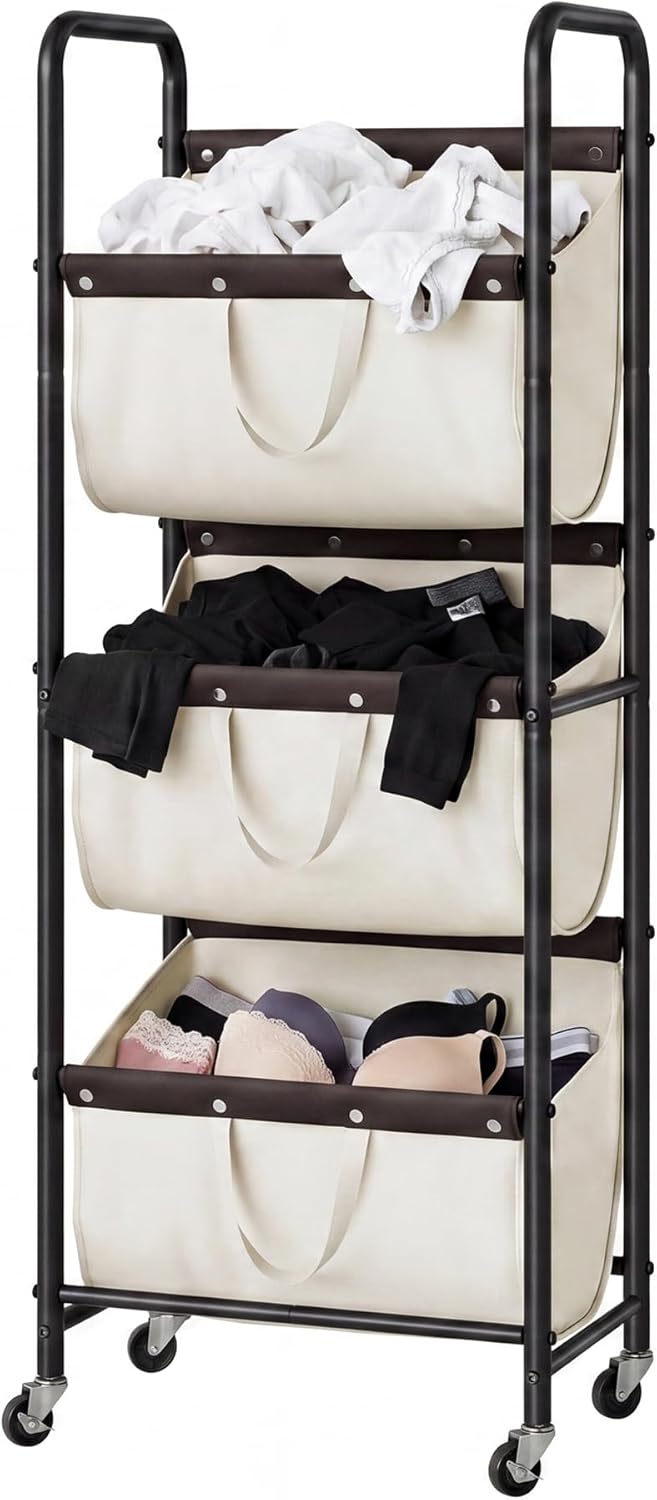 GRANNY SAYS 3 Section Tiered Laundry Sorter, Slim Vertical Laundry Hamper with Wheels, Narrow Rolling Laundry Cart with Removable Bags for Laundry Room, Bathroom, Closet, Dorm, Beige