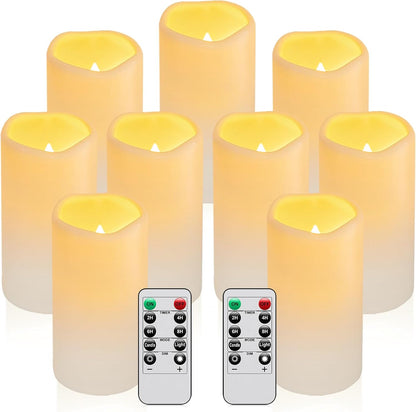 Flameless Flickering Battery Operated Candles D2.2''*H4 5" 6" 7" 8" 9" Set of 9 Ivory Real Wax Pillar LED Candles with 10-Key Remote and Cycling 24 Hours Timer (Ivory)