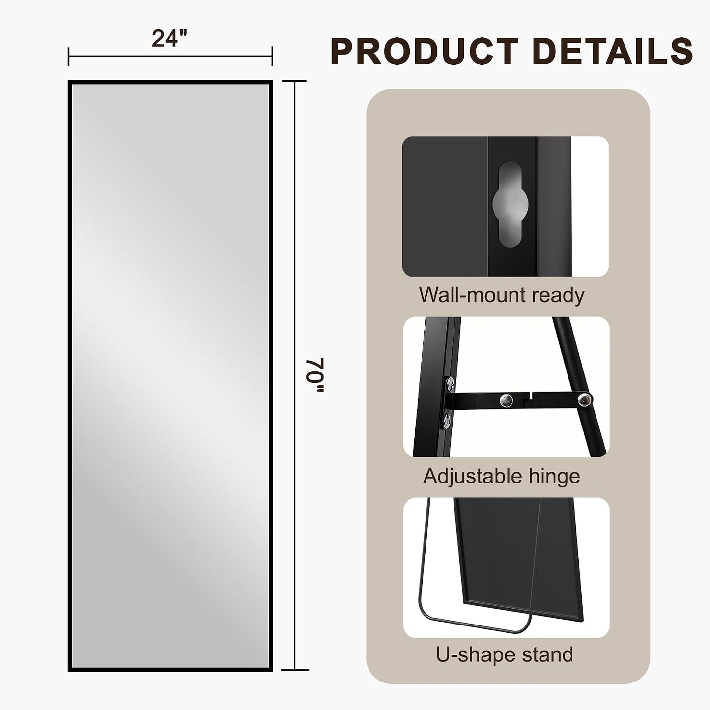 FICTOR Full Length Mirror with Stand, Floor Standing Mirror Full Body, HD Shatterproof Black Frame Wall Mirror for Bedroom, Living Room, Dressing Room & Entryway, 56"x15"