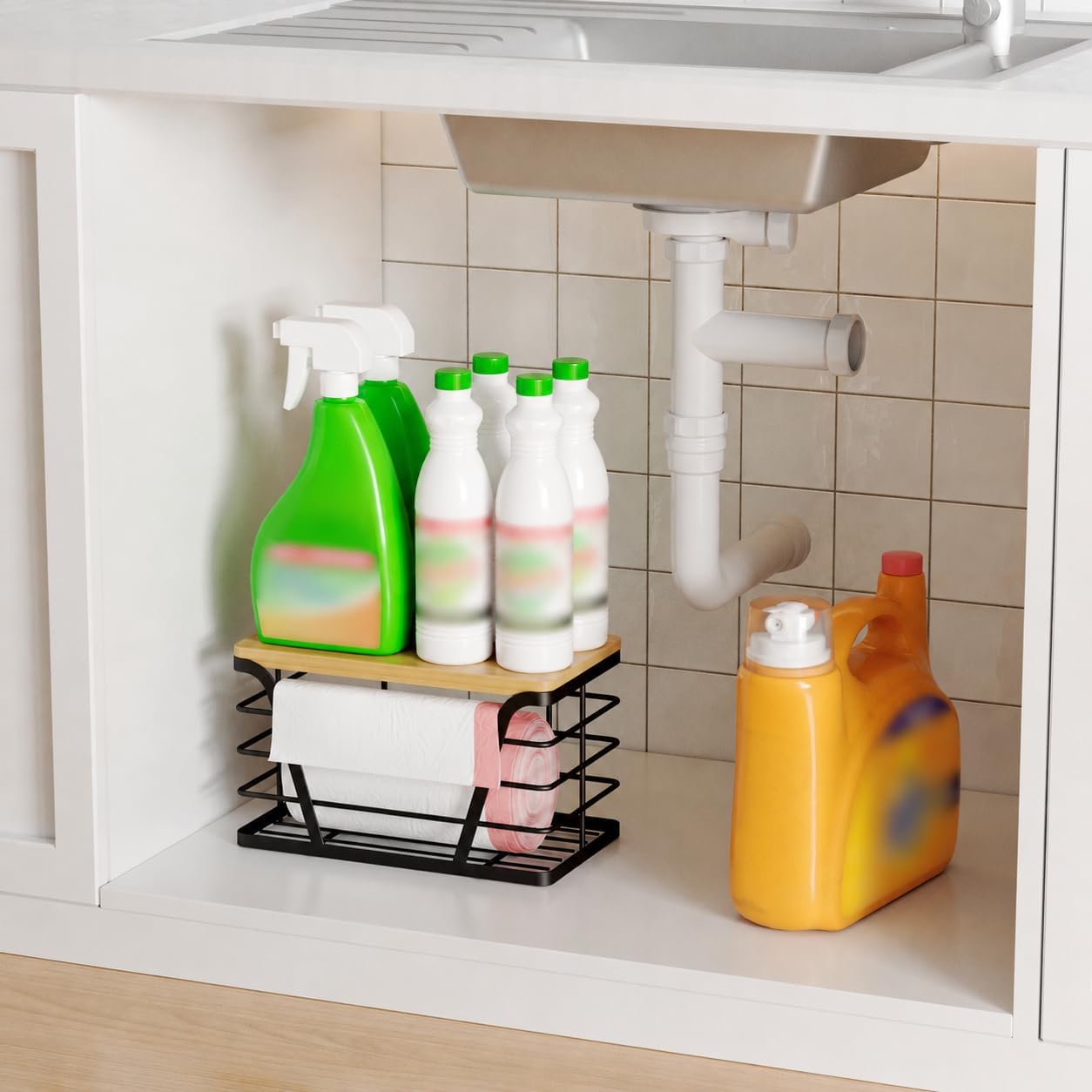 TIDIIABODE 2 Pack Stackable Storage Laundry Kitchen Organizers, Wall Mount Trash Bag Holder with Bamboo Top and Garbage Bag Dispenser No Drill