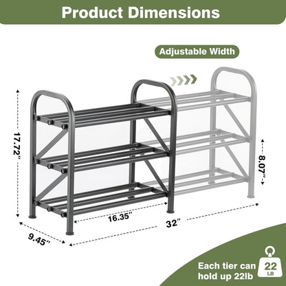 4-Tier Expandable Shoe Rack, Stackable and Adjustable Shoes Organizer Storage Shelf, Sturdy and Durable Metal Structure Free Standing Shoe Rack for Closet Entryway Doorway