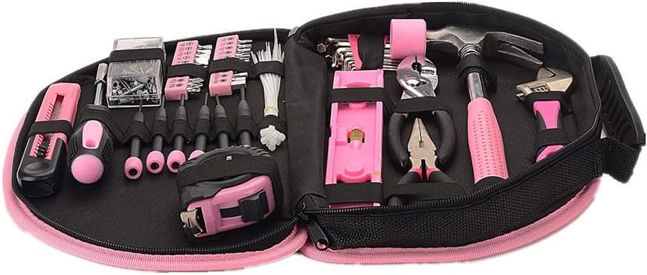 FLZOSPER 69-Piece Pink Hand Tool Set -Lady's Essential Home Repairing Tool Kit General Household Tool Set with 12-Inch Storage Tool Bag