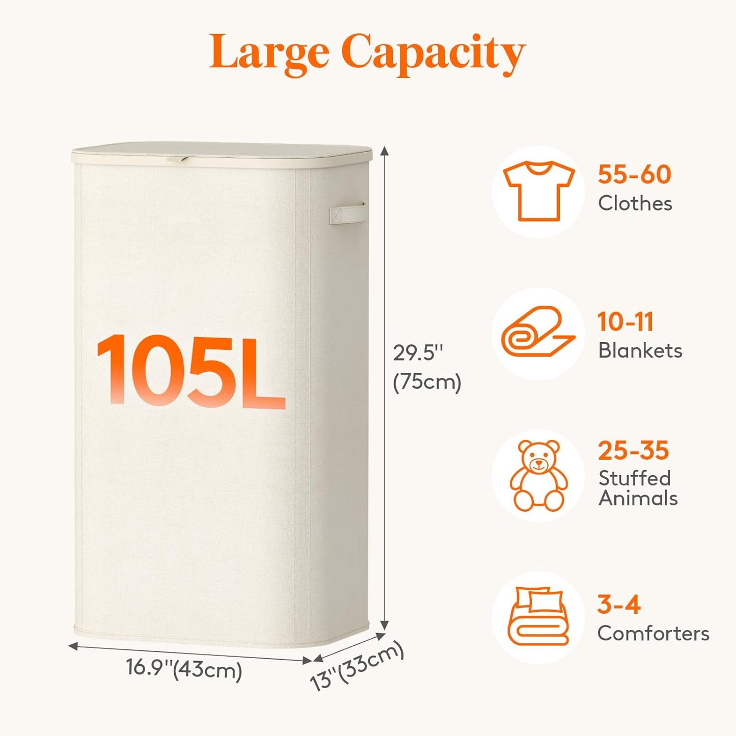 Lifewit 165L Large Laundry Basket with Lid, Laundry Hamper with Plastic Handles and Removable Bag, Foldable Tall Dirty Clothes Hampers for Laundry for Laundry Room, Bedroom, Bathroom, Dorm, Beige