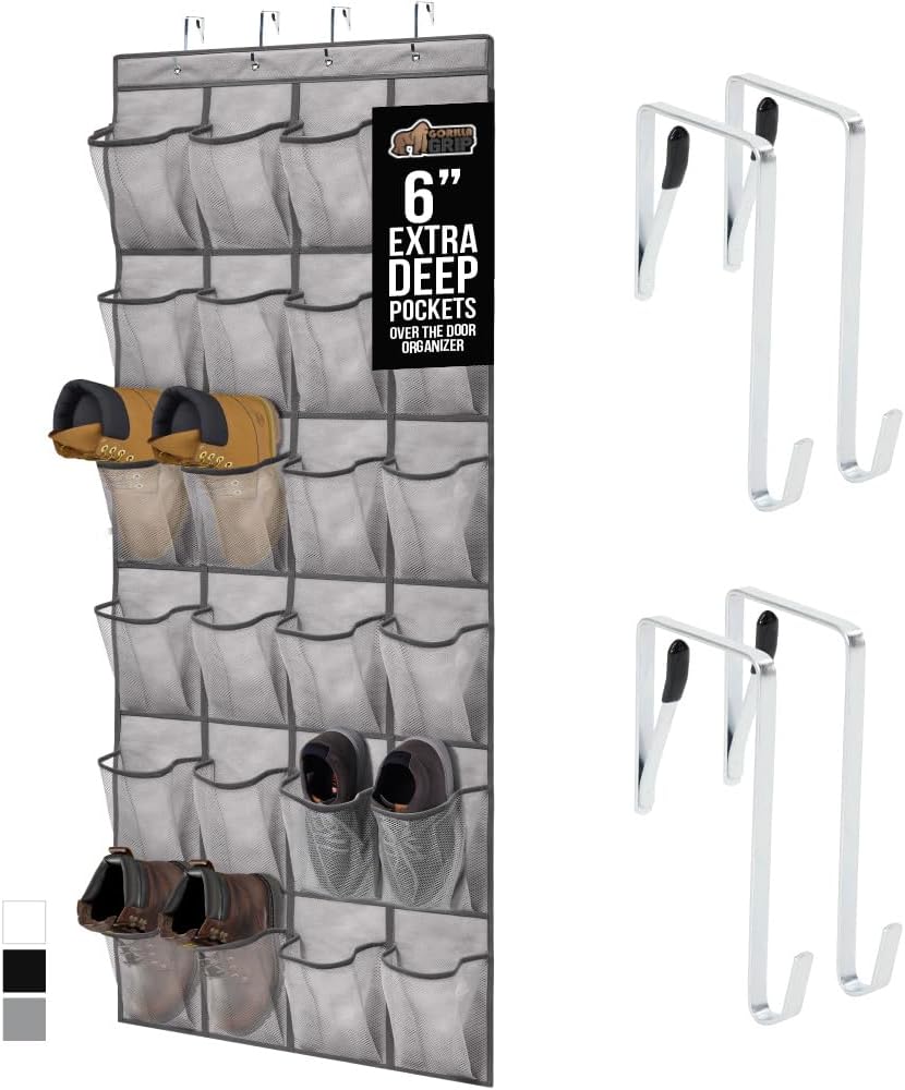 GORILLA GRIP Over the Door Shoe Organizer, 24 Large Breathable Mesh Pockets, Space Saving Hanging Storage Holder, Closet Rack Hanger Holds Up to 40 lbs, Hangs on Closets for Shoes, Accessories, Grey