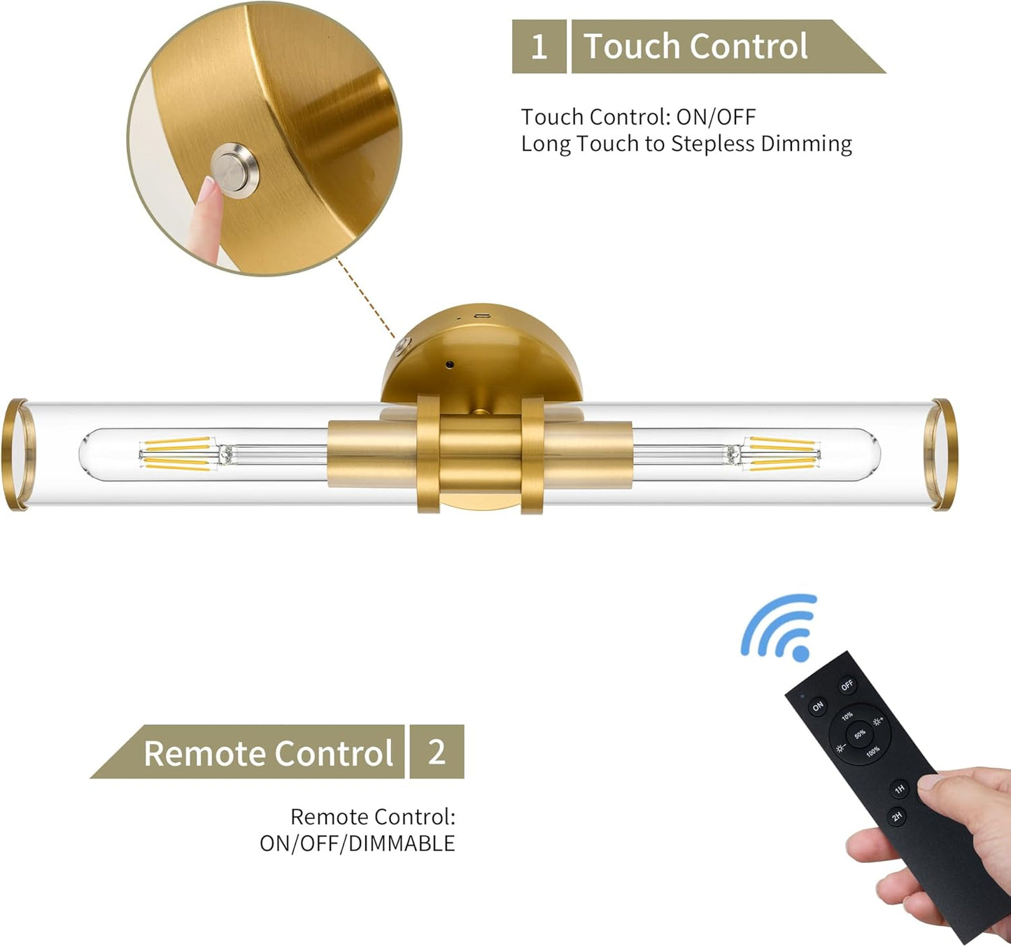 Wireless Wall Sconces with Remote Control, Battery Operated Wall Sconce Set of 2 with Timer, Gold Rechargeable Dimmable Glass Wall Lights for Living Room Bedroom Hallway Entryway 3000K, 20.5 Inch