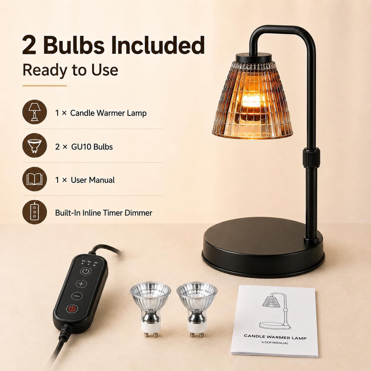Candle Warmer Lamp with Timer, Dimmer, Vintage Glass Shade | Adjustable height, 2/4/8-hour timer, wood base, 2 bulbs included