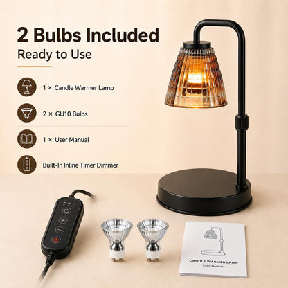 Candle Warmer Lamp with Timer, Dimmer, Vintage Glass Shade | Adjustable height, 2/4/8-hour timer, wood base, 2 bulbs included