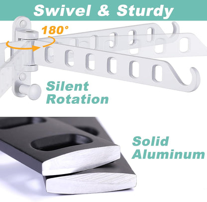 Wall Mounted Clothes Hanger with Swing Arm - 8-Hole Laundry Room Drying Rack | 180° Rotation & Space Saving for Hanging Clothes | Swing Away Coat Hanger | Aluminium(2-Pack, White)