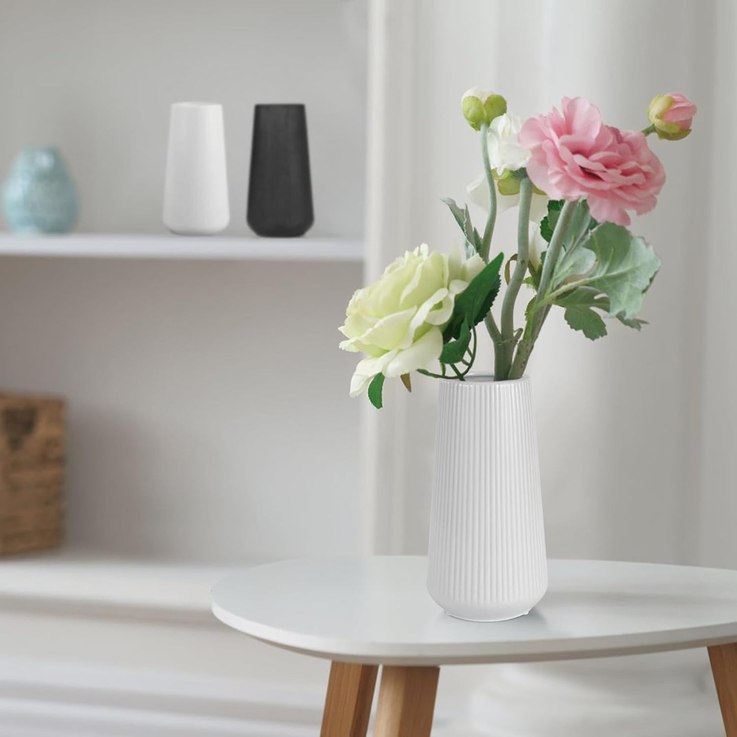 White Ceramic Vase, GUKJOB Small Cute Flower Vase for Pampas Grass, Home, Living Room, Dining Table, Farmhouse, Office Decor, Bedroom, Table, and Kitchen Shelf (White- 2PCS)