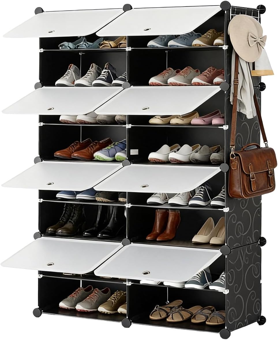 Simple Deluxe 6-Tier Shoe Rack Organizer with Doors, Stackable Shoe Storage Cabinet for Entryway Closet, Plastic Shoe Shelf with Metal Frame, Holds up to 24 Pairs for Bedroom Hallway, Black