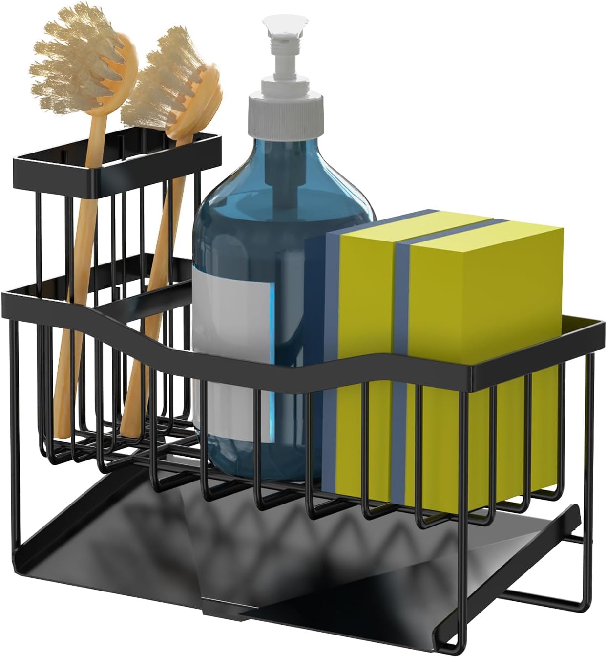 Maifan Sink Caddy Sponge Holder for Kitchen with Brush Holder and Stainless Steel Self Drain Tray, Rustproof Kitchen Sink Organizer for Sponge, Soap Dispenser Storage Accessories (Lacquer Silver)