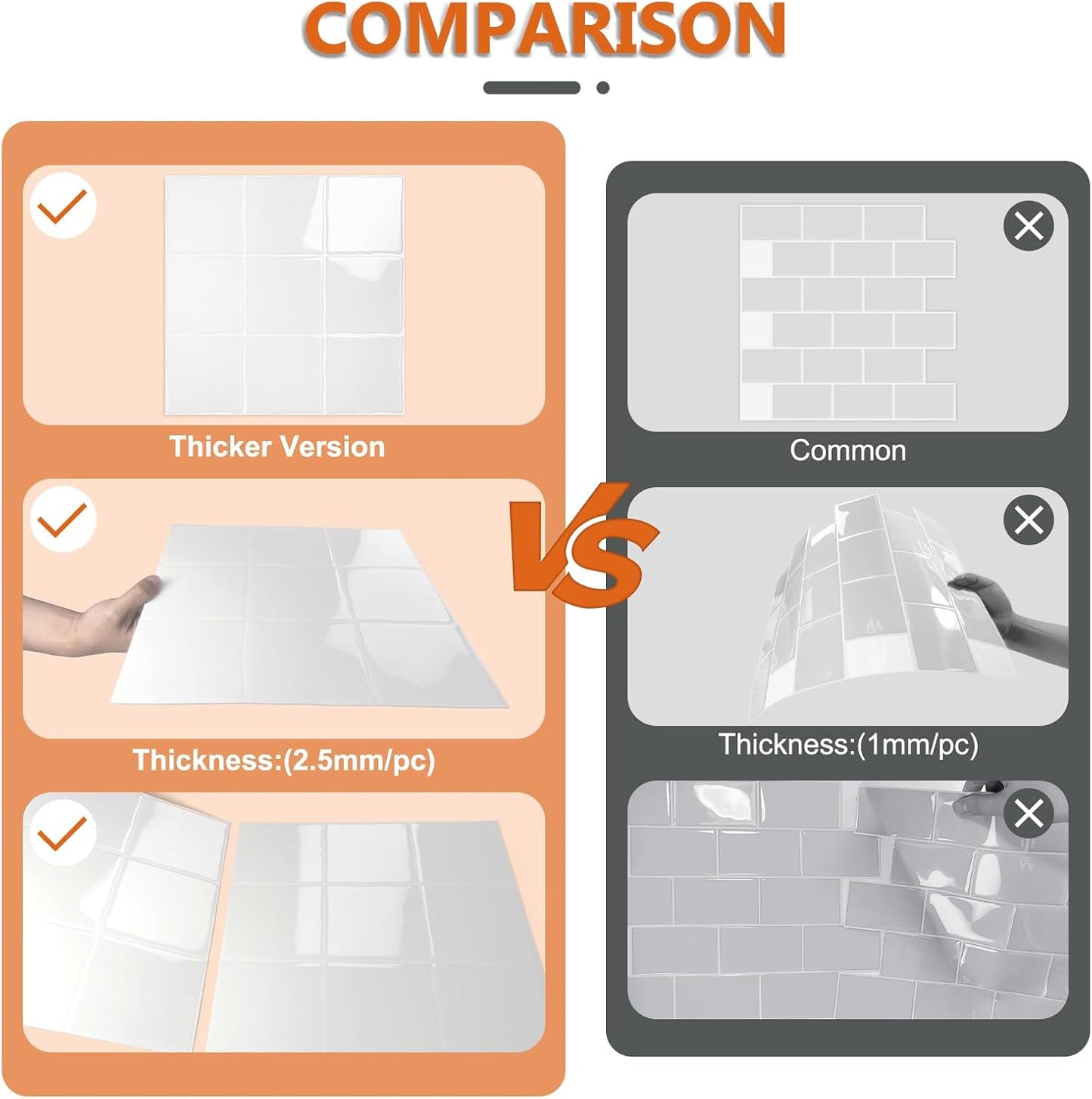 10 Sheet Thicker Peel and Stick Backsplash Tile, 12"x12" 3D Self Adhesive Square Mosaic Subway Checkered Vinyl Backsplash Stick on Wall Tiles for Bathroom, Kitchen, Living Room (10, Orange)
