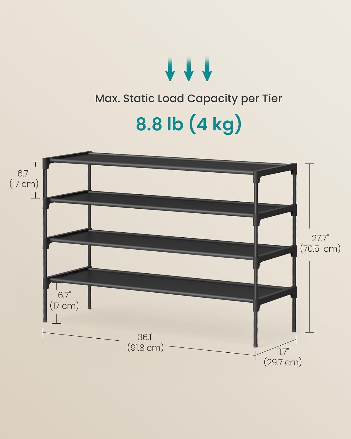 SONGMICS Shoe Rack, 2-Tier Shoe Storage Organizer, Space-Saving, 11.7 x 16.5 x 12.2 Inches, Entryway, Metal Frame, Non-Woven Fabric Shelves, Ink Black ULSH012BH01