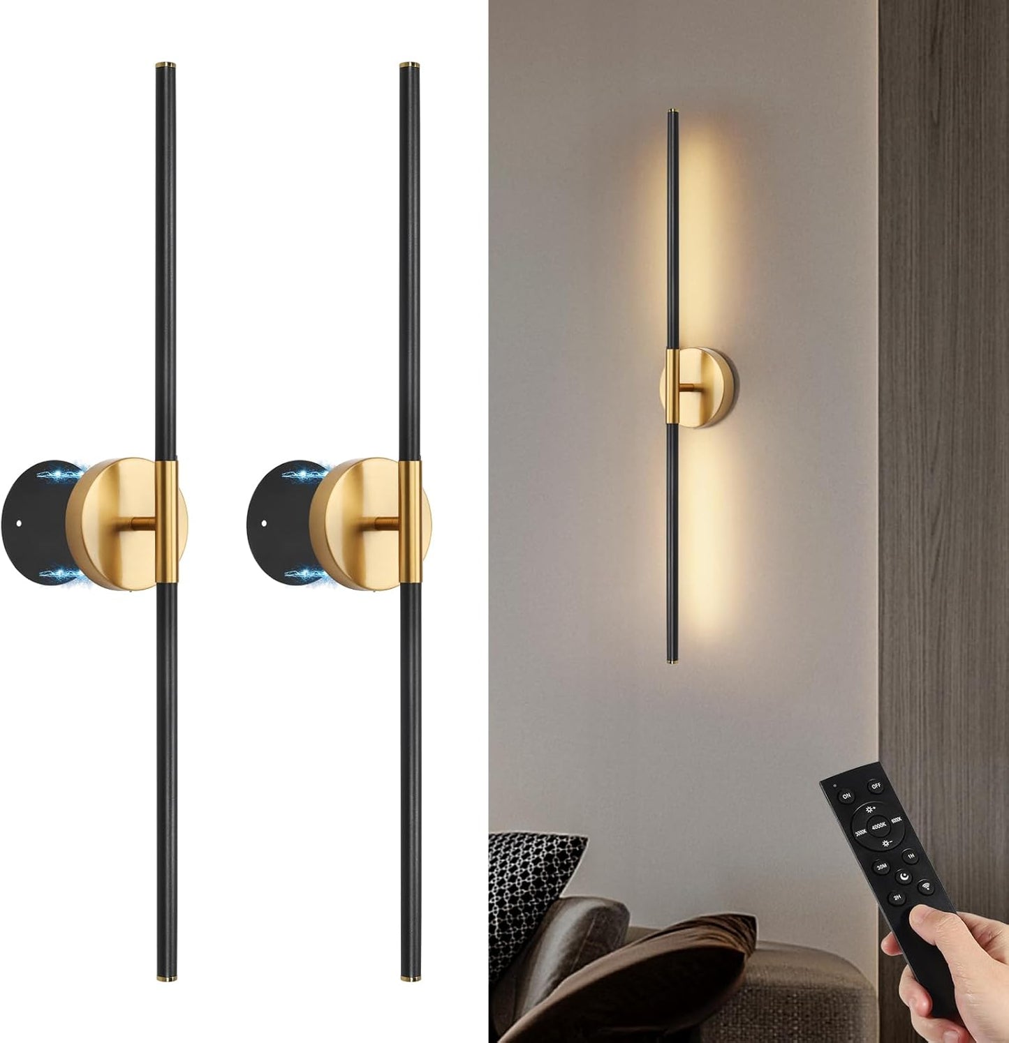 TaoFiaCo Battery Operated Wall Sconces Set of Two,Rechargeable Wall Sconces Set of 2 with Remote Control Dimmable Wall Light Decor for Living Room, Bathroom for, 24 Inch, Gold