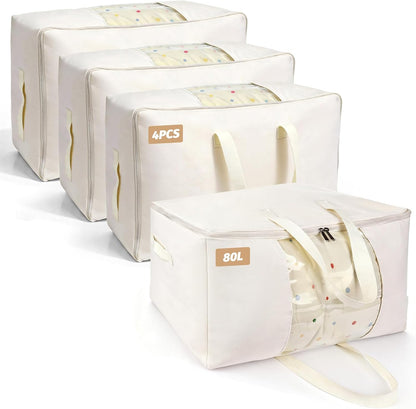 Soft Large Canvas Storage Bags with Zipper. Thick Breathable. Four Carrying Handles and Window. Cotton Linen Storage for Pillows, Quilt, Blankets and Comforter, 80L, Beige