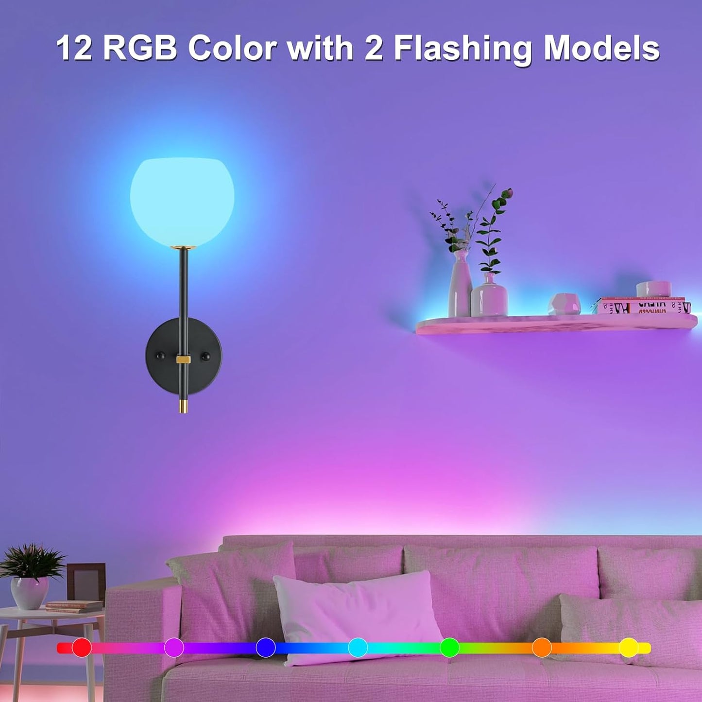 Brass Battery Operated Wall Sconces Set of 2, Rechargeable Wireless Wall Lights with Milky White Frosted Glass, 12 RGB and 3CCT Dimmable, Wall Lamps with Remote for Bedroom Living Room Hallway