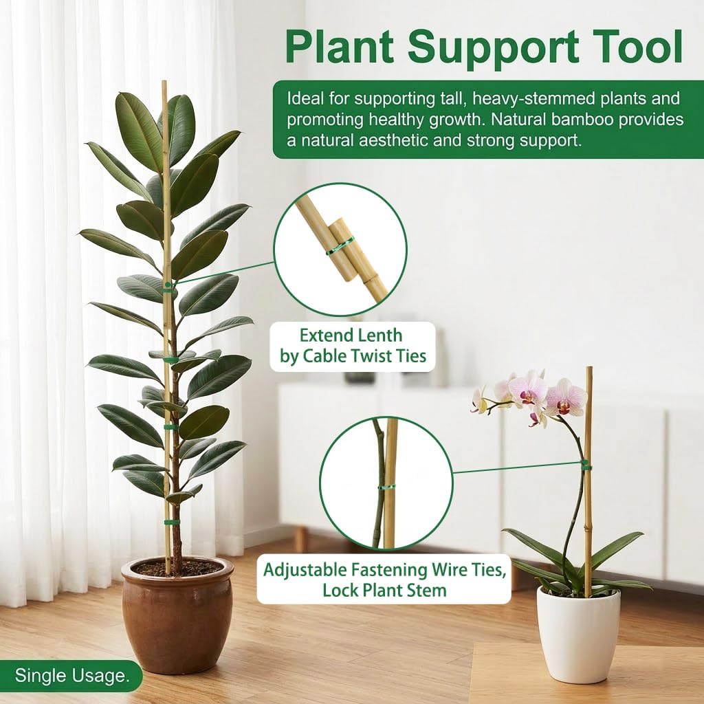 Plant Stakes Natural Bamboo Sticks - 30 Pcs Bamboo Garden Stakes for Plants 4.8 FT Plant Support Sticks with Twist Ties for Tomatoes Beans Flowers Indoor Outdoor Potted Climbing Plants