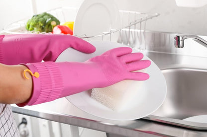 Myungjin Reusable Waterproof Household Dishwashing Non-Slip Cleaning Rubber Gloves with Hang-Dry Hook (1 Pair/Medium)