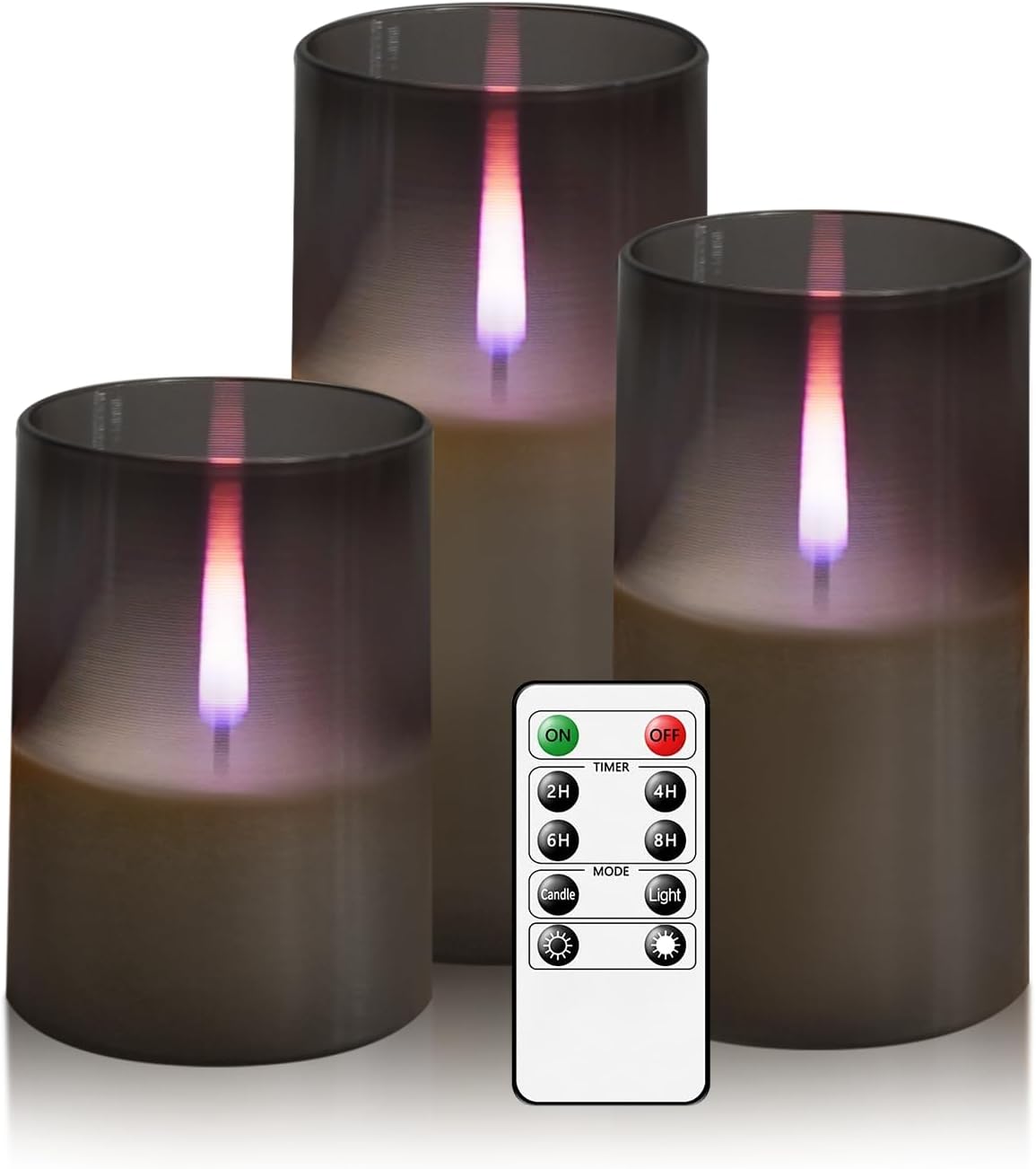 kakoya Flameless Candles Upgraded Realistic Flickering Flame,Battery Operated LED Candles with Remote Timers,Acrylic Electric Candles Set of 3(D 3" xH 4" 5" 6")（Grey）