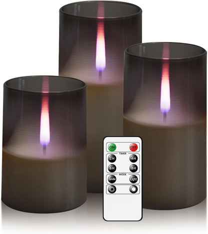kakoya Flameless Candles Upgraded Realistic Flickering Flame,Battery Operated LED Candles with Remote Timers,Acrylic Electric Candles Set of 3(D 3" xH 4" 5" 6")（Grey）