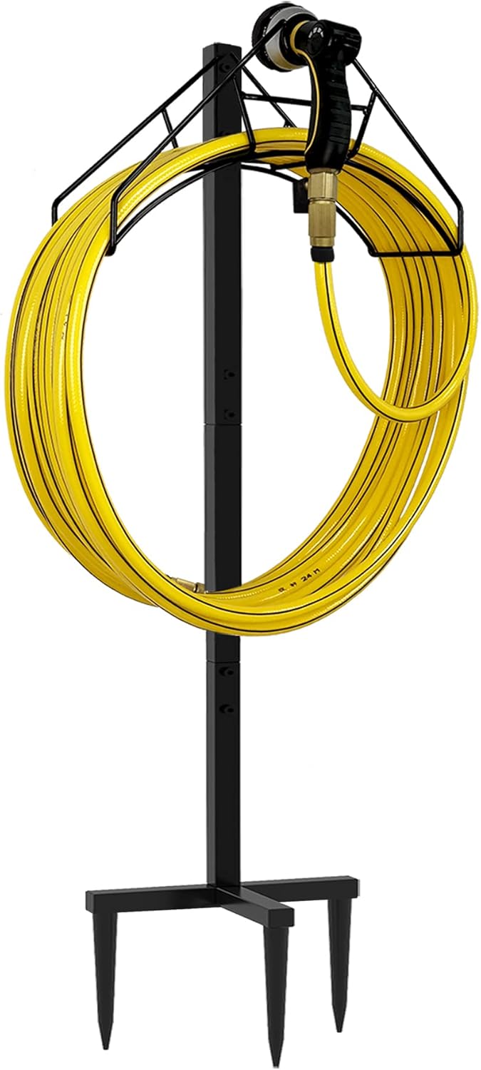 Artigarden Freestanding Garden Hose Holder Hanger, Outdoor Heavy Duty Metal Water Hose Storage Holders Stand Organizer Rack Detachable Stake, Holds 150 Ft of Hoses for Outside Lawn Yard, Black
