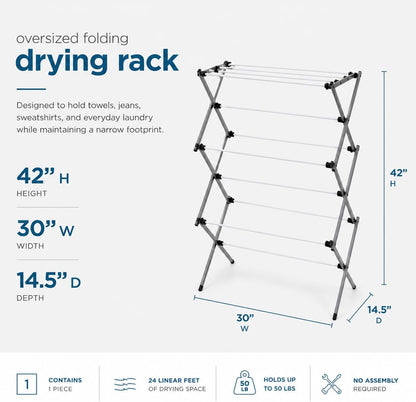 Honey-Can-Do 6-Tier Collapsible Steel Clothes Drying Rack, 24 ft, White | 6-tier steel rack with 24 ft of drying space folds flat to 3 in. Coated bars are gentle on delicates; 50 lb capacity.