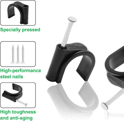 Flat Ethernet Cable Wire Clips with Nail, 14mm, White | Single Coaxial Cable Clamps, Cable Management