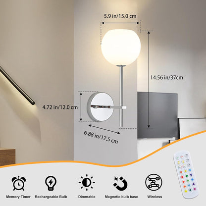 Brass Battery Operated Wall Sconces Set of 2, Rechargeable Wireless Wall Lights with Milky White Frosted Glass, 12 RGB and 3CCT Dimmable, Wall Lamps with Remote for Bedroom Living Room Hallway